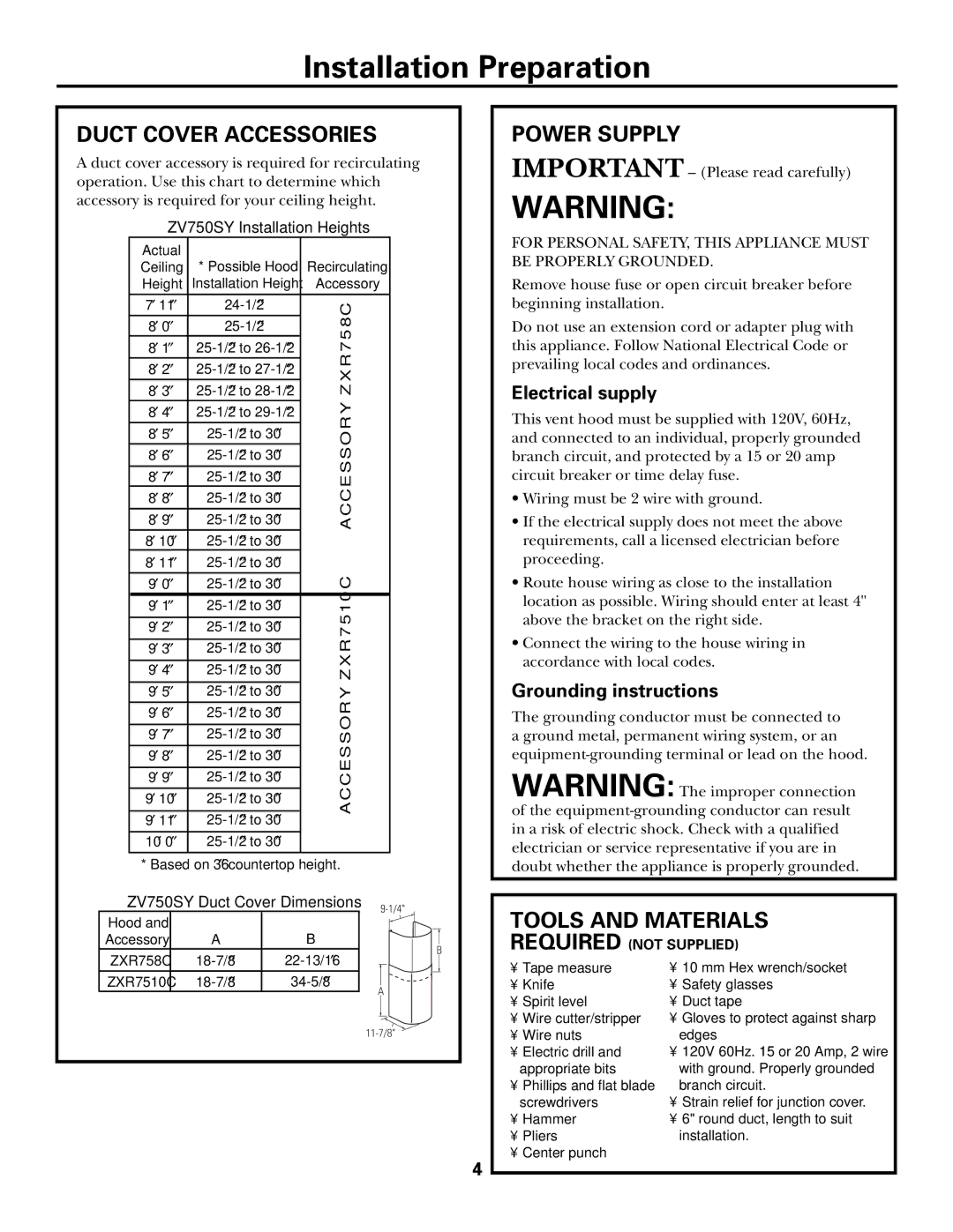 GE Monogram ZXR758 Duct Cover Accessories, Power Supply, Tools and Materials, Electrical supply, Grounding instructions 