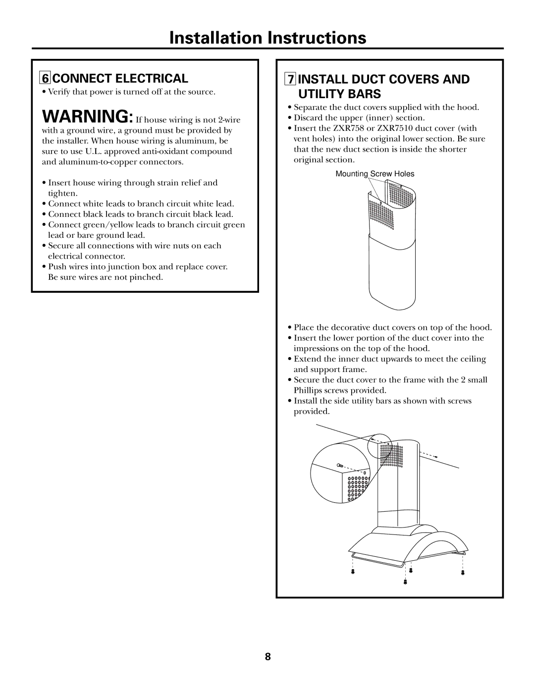 GE Monogram ZXR758, ZXR7510 installation instructions Connect Electrical, Install Duct Covers and Utility Bars 