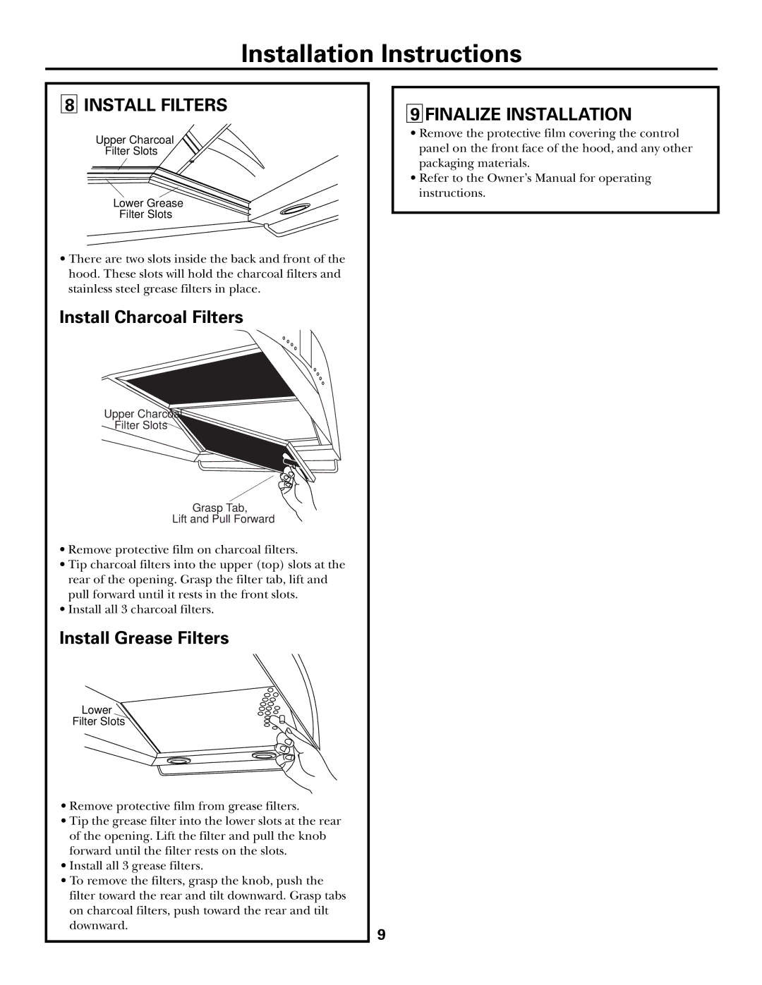 GE Monogram ZXR7510, ZXR758 installation instructions Install Filters, Finalize Installation 