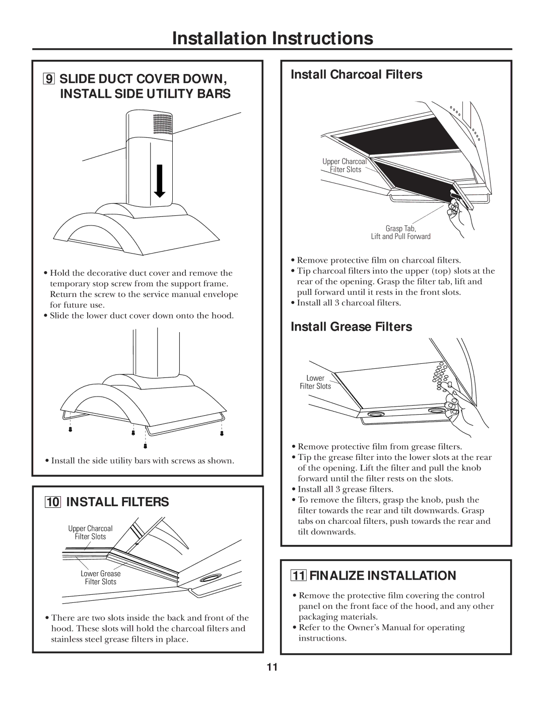 GE Monogram ZXR8510 Install Filters, Finalize Installation, Upper Charcoal Filter Slots Lower Grease, Lower Filter Slots 