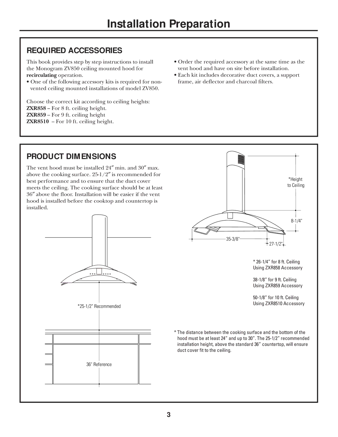 GE Monogram ZXR859, ZXR858, ZXR8510 Required Accessories, Product Dimensions, 25-1/2 Recommended, 35-3/8 27-1/2 