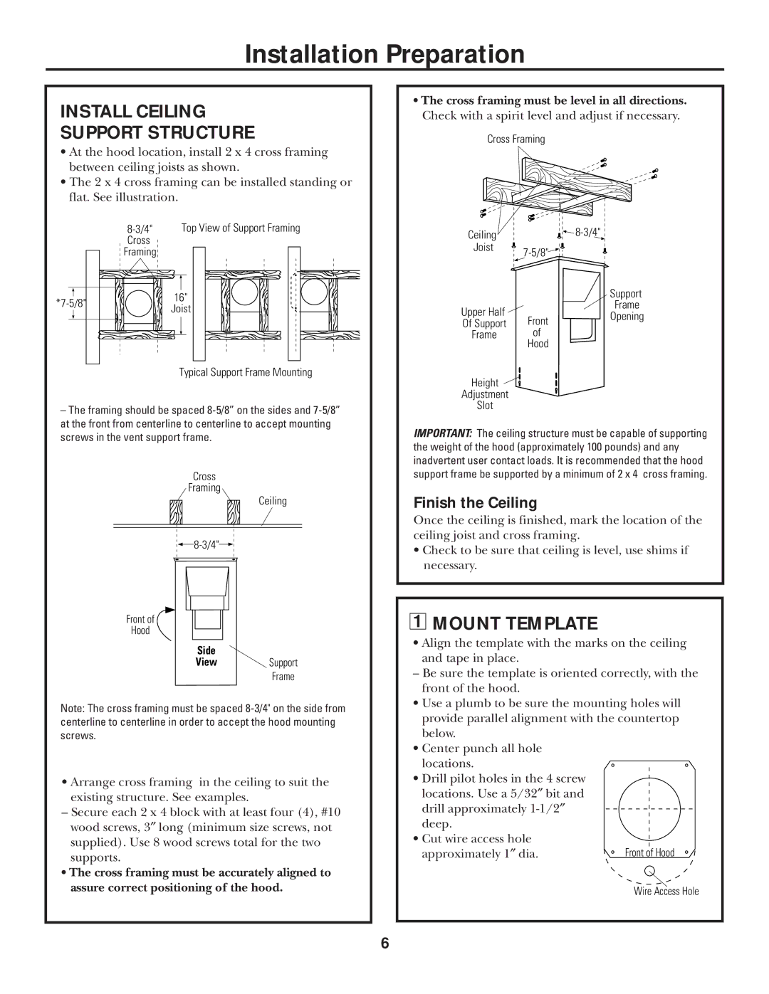 GE Monogram ZXR859, ZXR858, ZXR8510 Install Ceiling Support Structure, Mount Template, Finish the Ceiling 