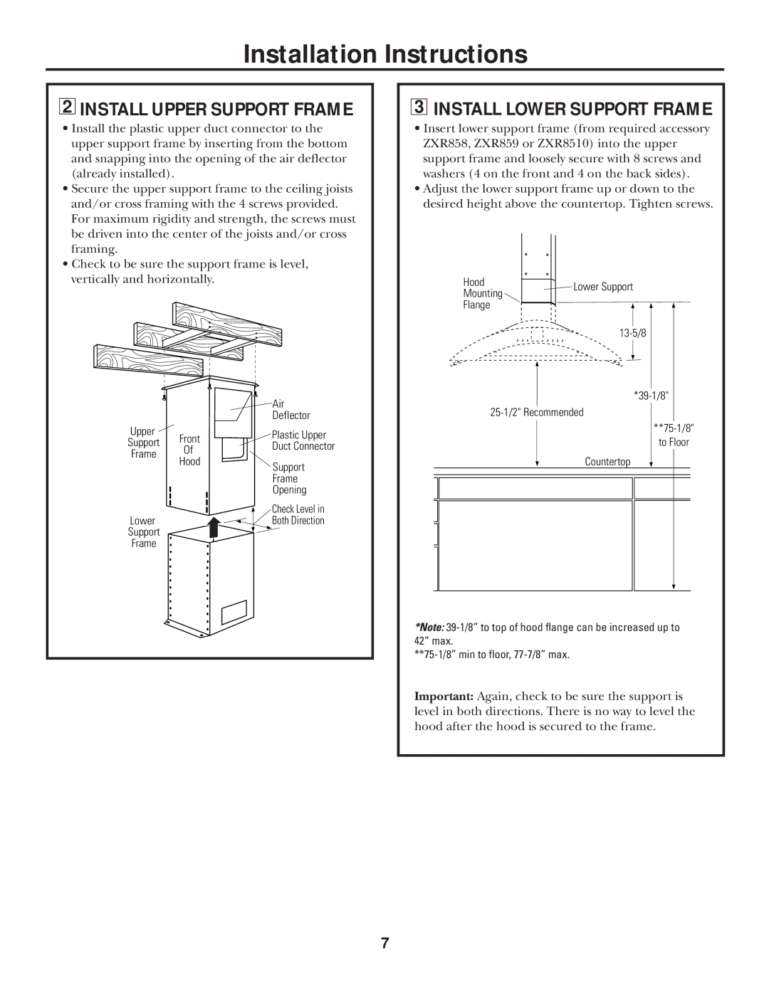 GE Monogram ZXR858, ZXR859, ZXR8510 installation instructions Install Upper Support Frame, Install Lower Support Frame 