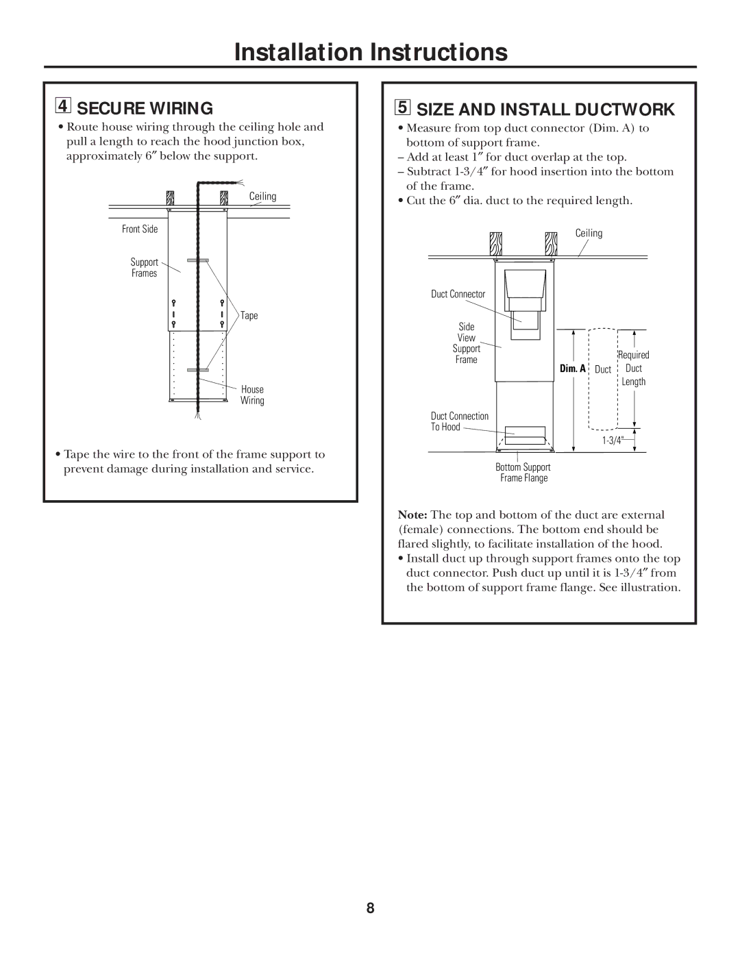 GE Monogram ZXR8510, ZXR859 Secure Wiring, Size and Install Ductwork, Ceiling Front Side Support Frames Tape House Wiring 