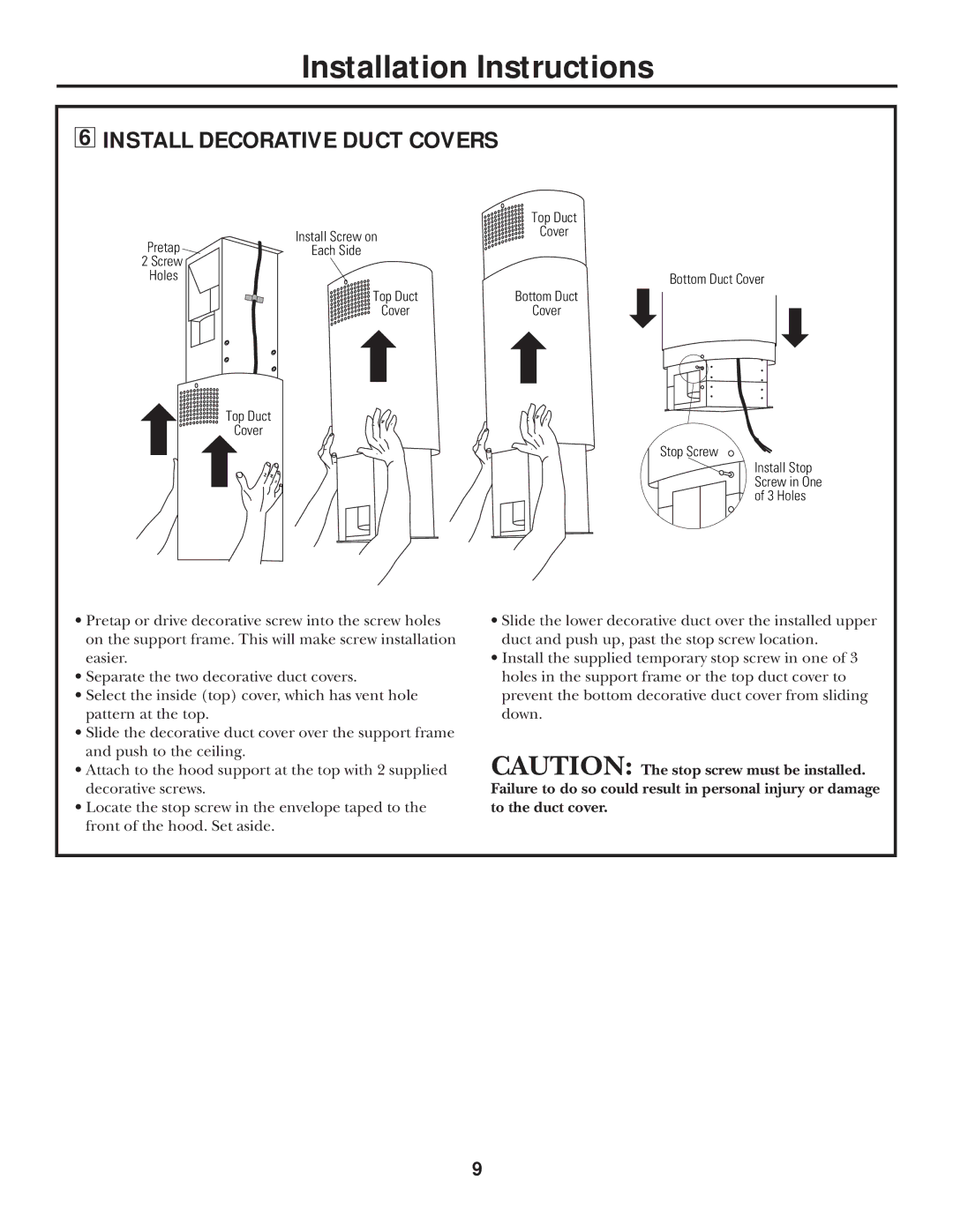 GE Monogram ZXR859, ZXR858, ZXR8510 installation instructions Install Decorative Duct Covers, Top Duct, Bottom Duct 