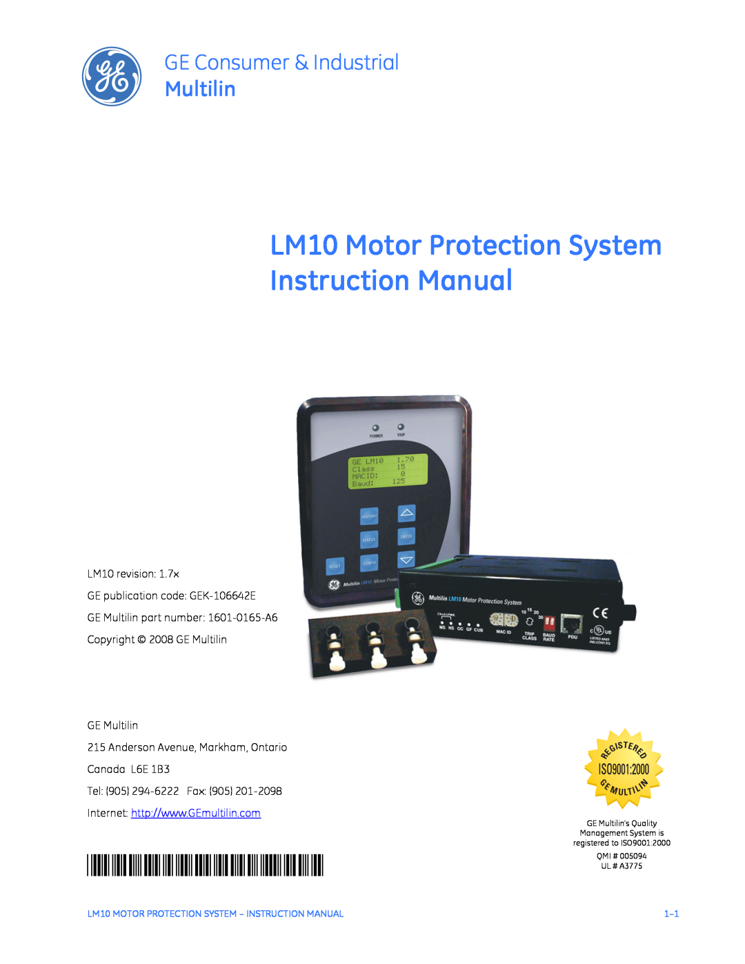 GE instruction manual LM10 Motor Protection System Instruction Manual, GE Consumer & Industrial, Multilin, 1601-0165-A6 