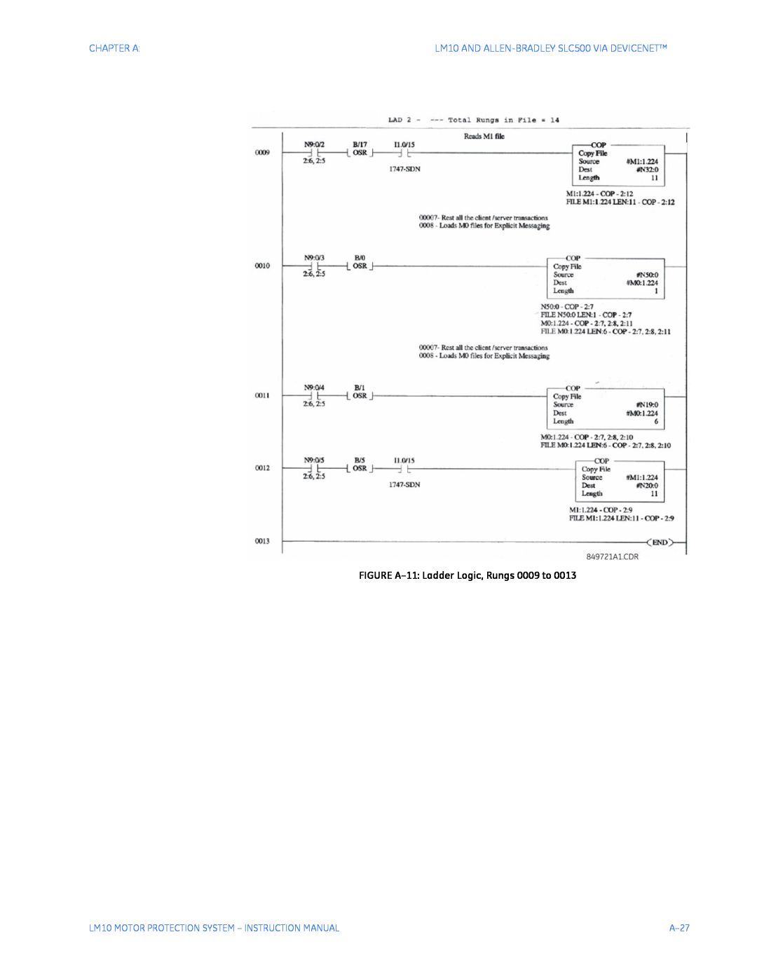 GE Chapter A, FIGURE A-11 Ladder Logic, Rungs 0009 to, LM10 MOTOR PROTECTION SYSTEM - INSTRUCTION MANUAL, A-27 