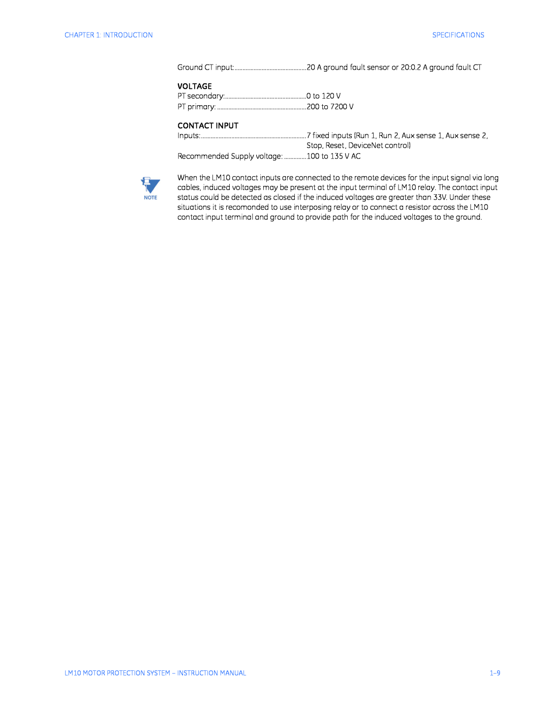 GE LM10, Motor Protection System Contact Input, Voltage, 0 to 120, 200 to, Stop, Reset, DeviceNet control, 100 to 135 V AC 