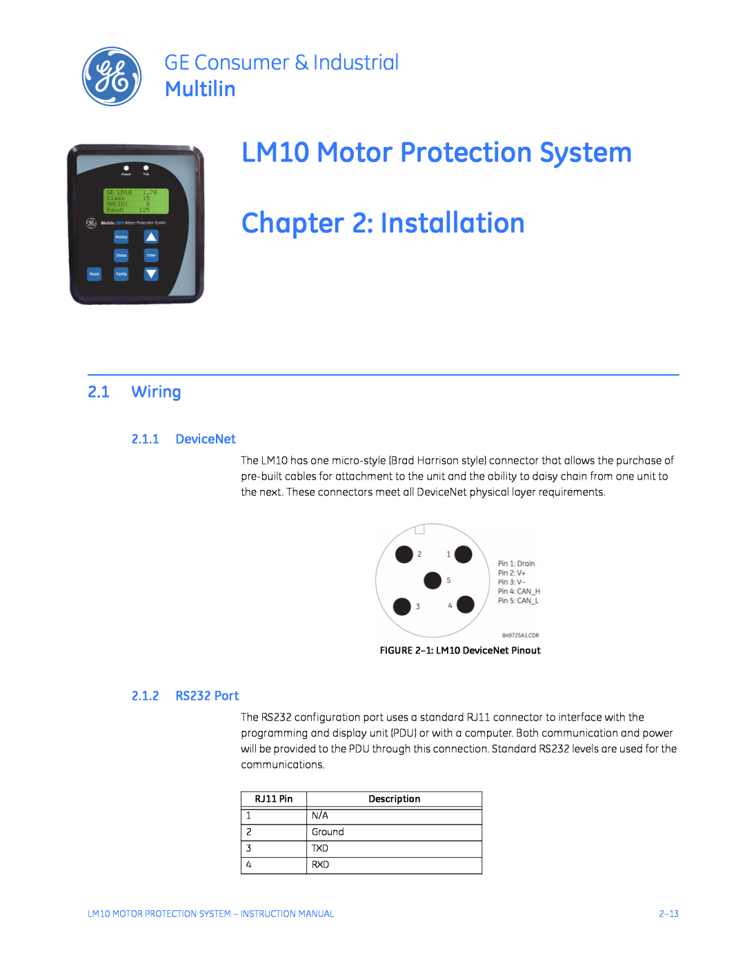 GE LM10 Motor Protection System Installation, Wiring, DeviceNet, 2.1.2 RS232 Port, GE Consumer & Industrial, Multilin 