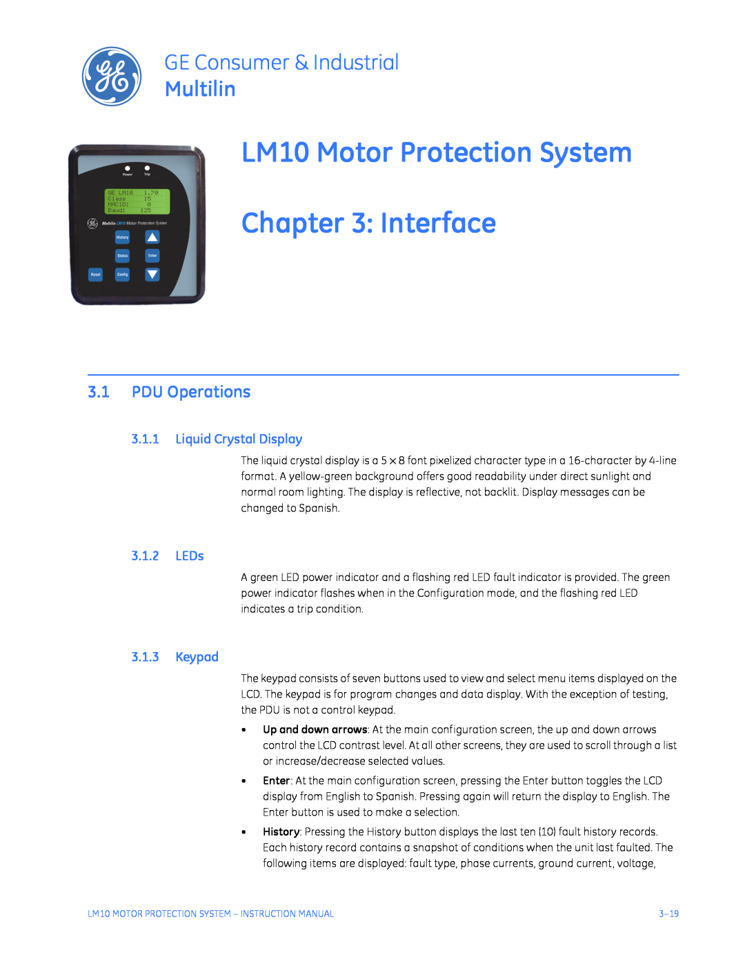 GE LM10 Motor Protection System Interface, PDU Operations, Liquid Crystal Display, LEDs, Keypad, Multilin 
