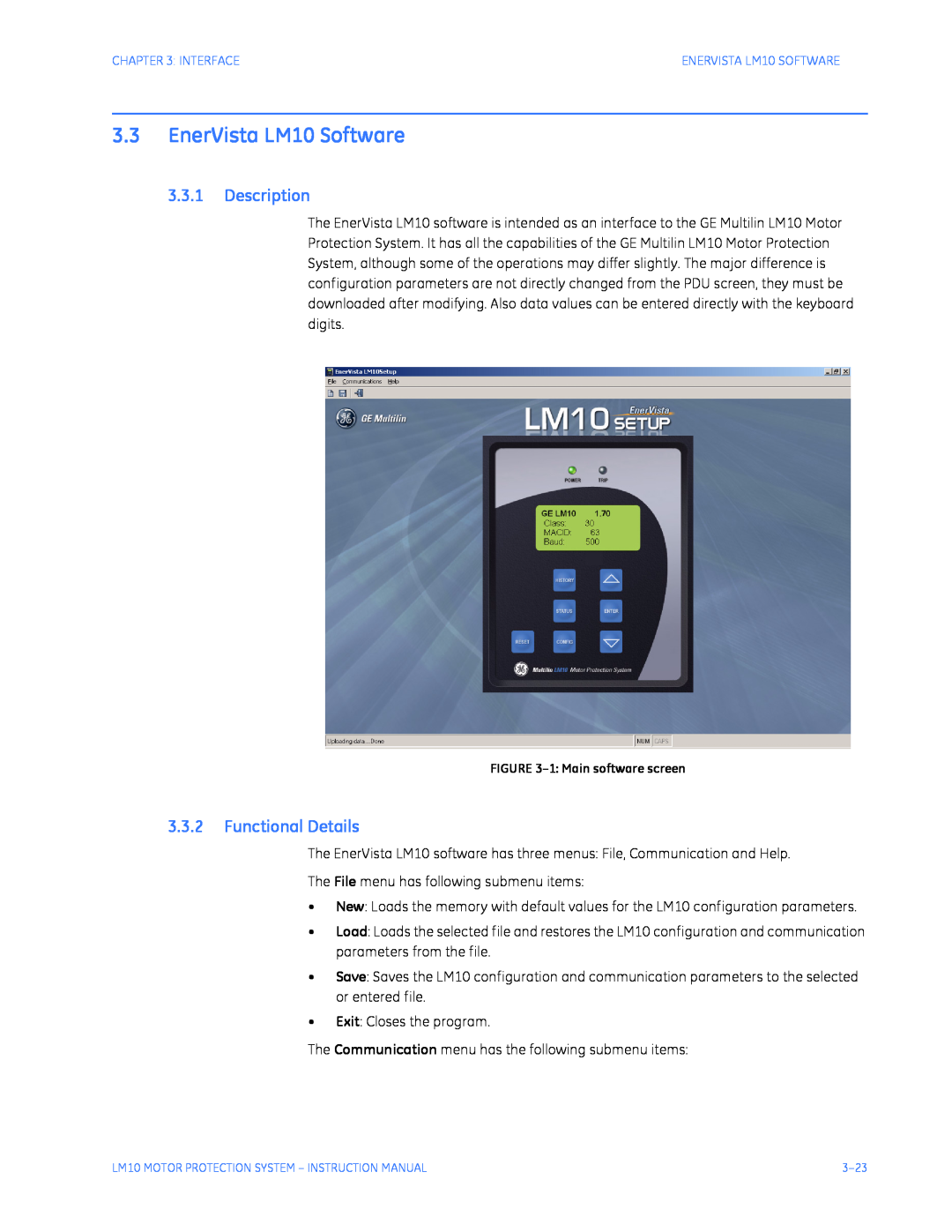 GE Motor Protection System instruction manual EnerVista LM10 Software, Description, Functional Details 