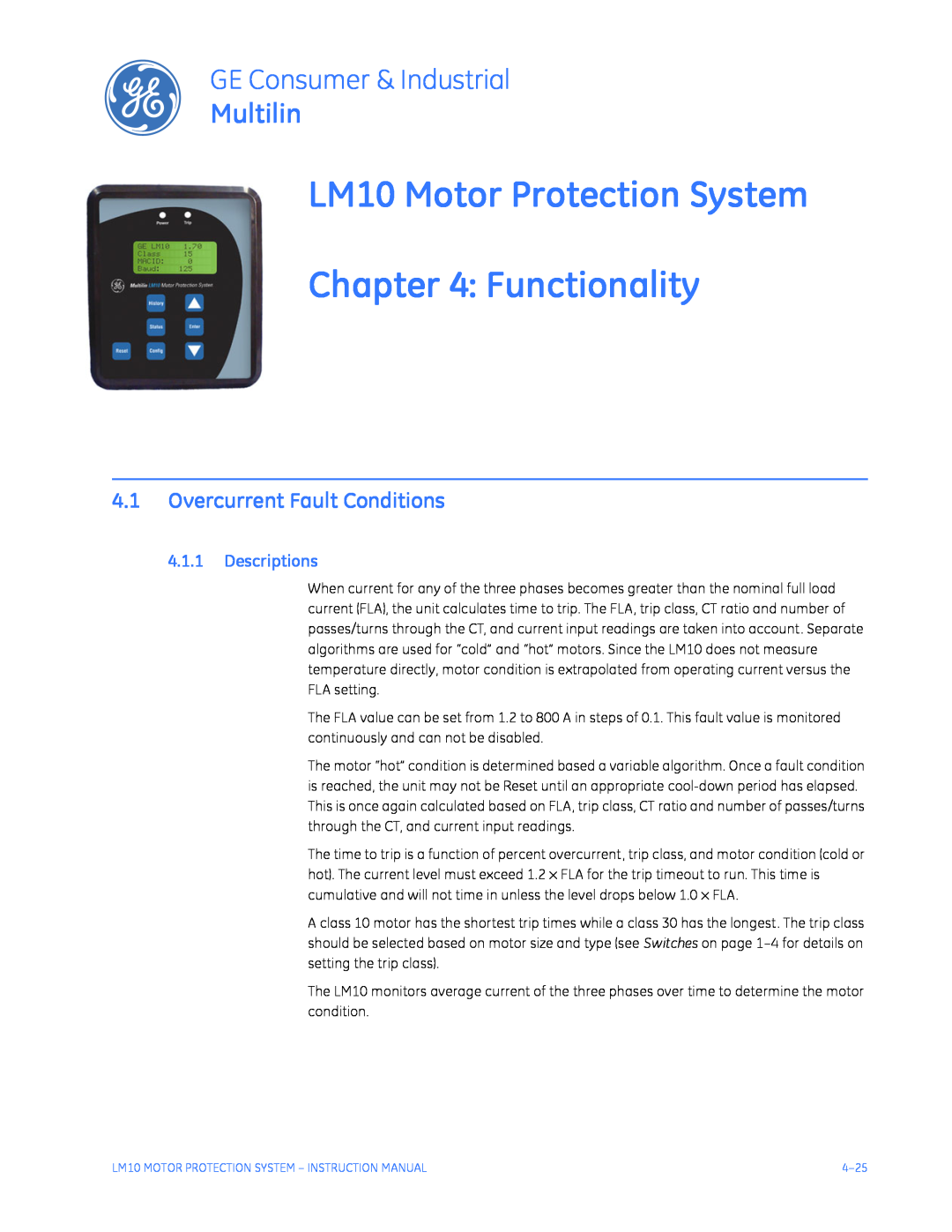 GE LM10 Motor Protection System Functionality, Overcurrent Fault Conditions, Descriptions, GE Consumer & Industrial 