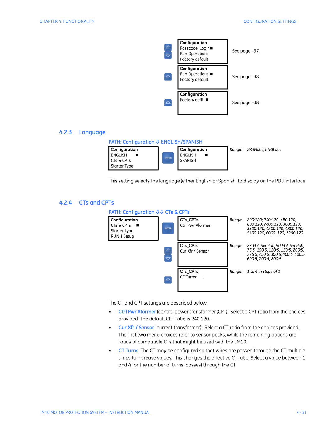 GE LM10 instruction manual Language, CTs and CPTs, PATH Configuration Ø ENGLISH/SPANISH, PATH Configuration ØØ CTs & CPTs 