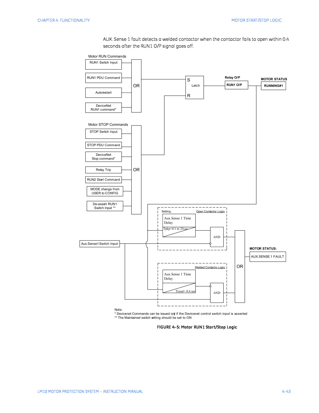 GE LM10 Motor Start/Stop Logic, Motor RUN Commands, Motor STOP Commands, Aux.Sense 1 Time, Delay, 4-43, RUN1 Switch Input 