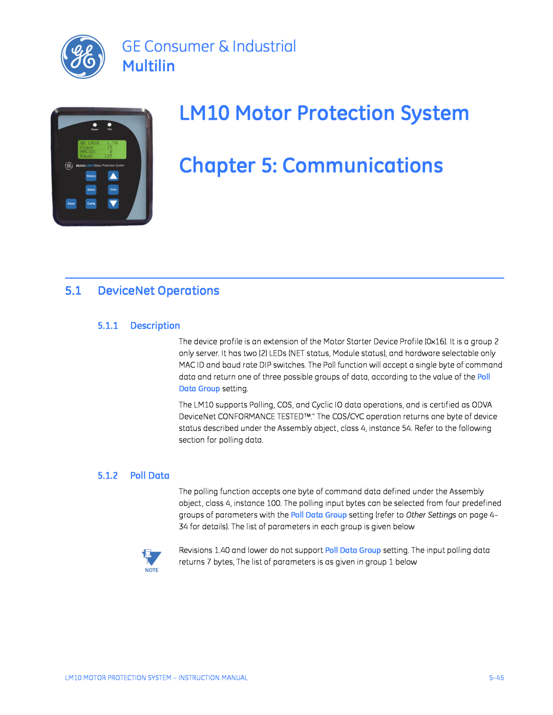 GE LM10 Motor Protection System Communications, DeviceNet Operations, Description, Poll Data, GE Consumer & Industrial 