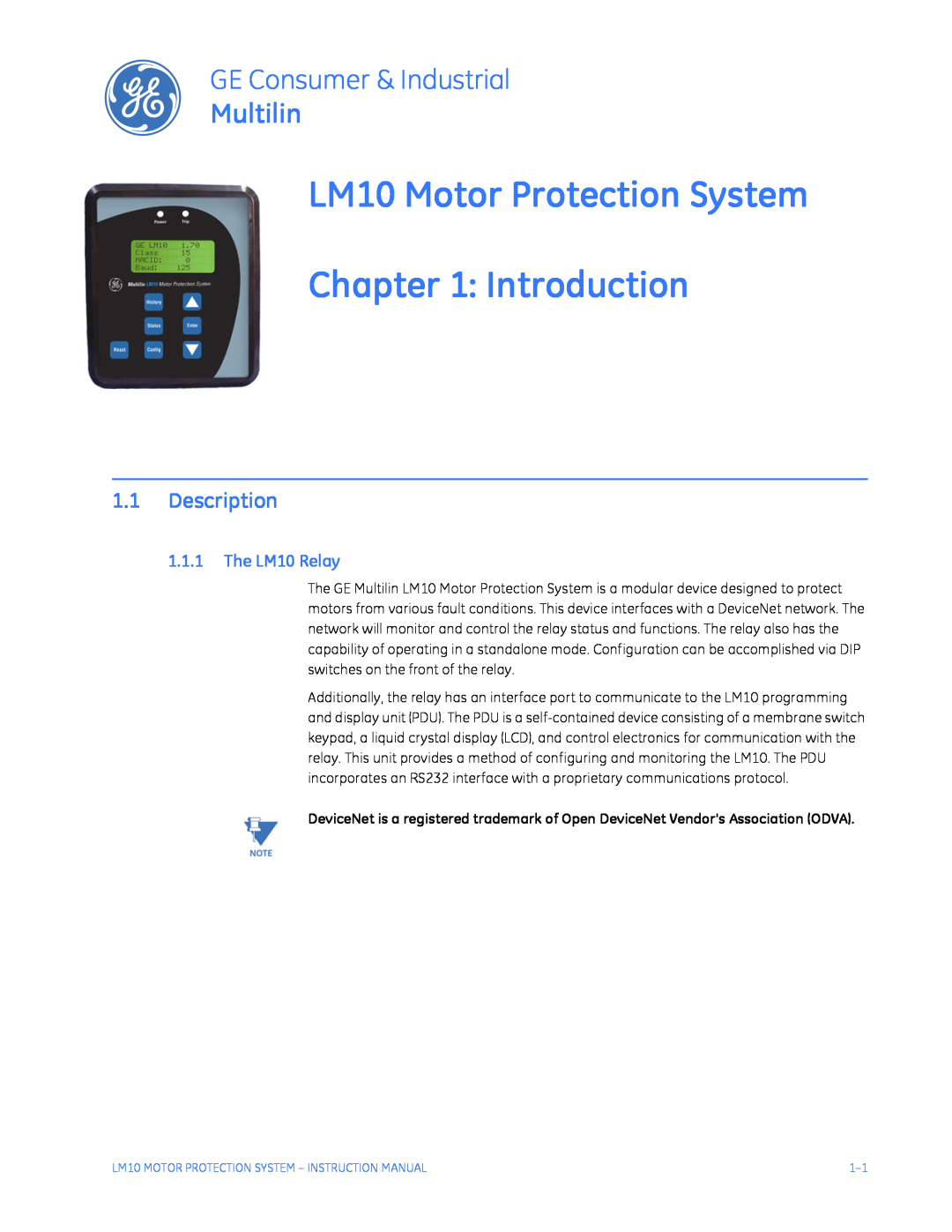 GE LM10 Motor Protection System Introduction, Description, The LM10 Relay, GE Consumer & Industrial, Multilin 