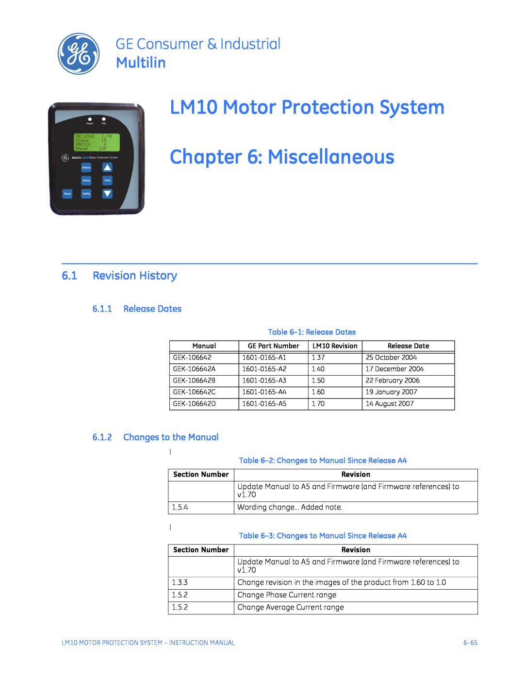 GE LM10 Motor Protection System Miscellaneous, Revision History, Release Dates, Changes to the Manual, Multilin 