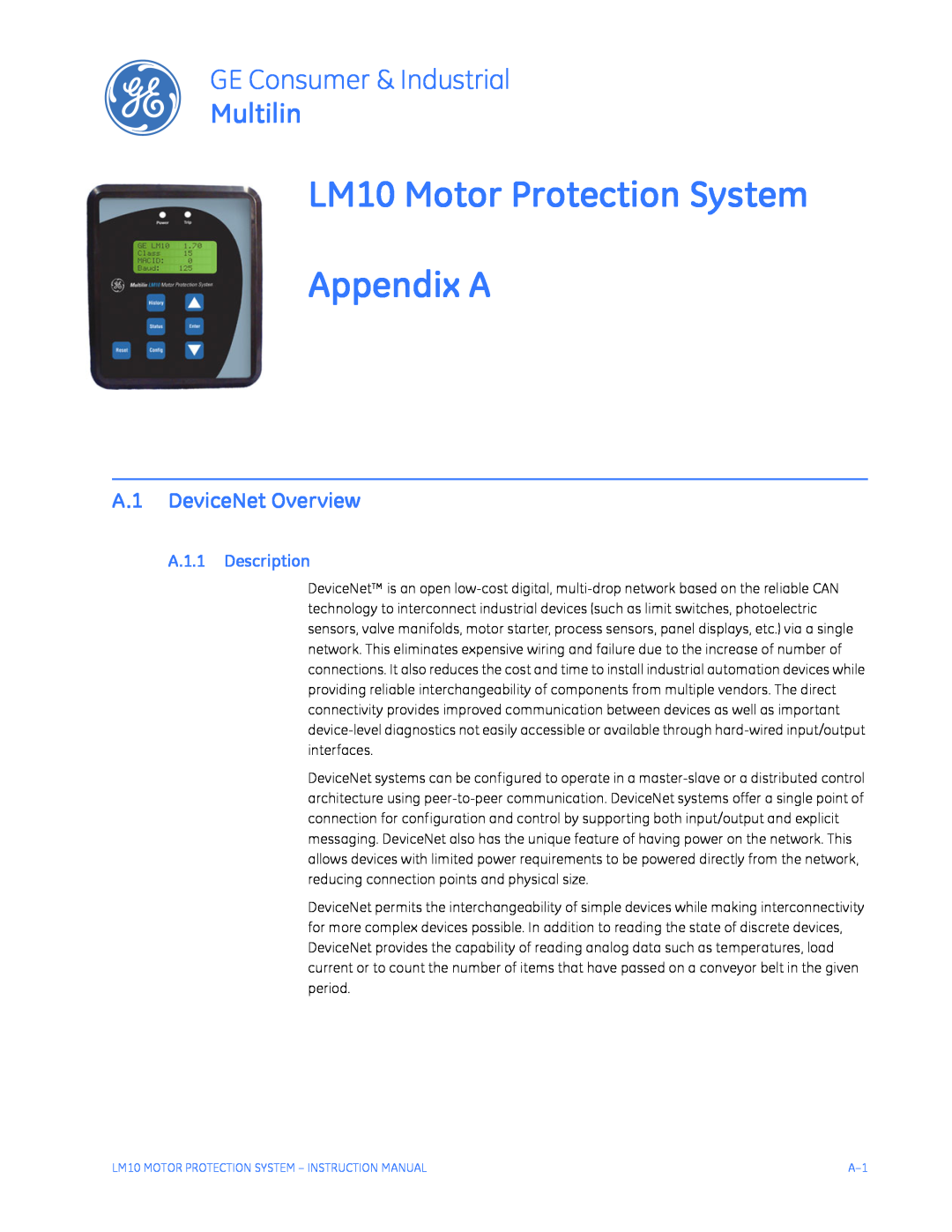 GE LM10 Motor Protection System Appendix A, A.1 DeviceNet Overview, A.1.1 Description, GE Consumer & Industrial 