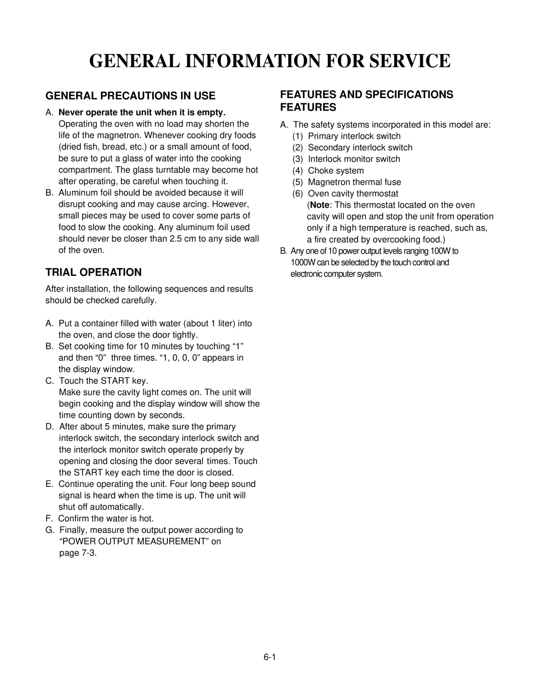 GE MV1526W, MV1526B service manual General Information for Service, General Precautions in USE, Trial Operation 