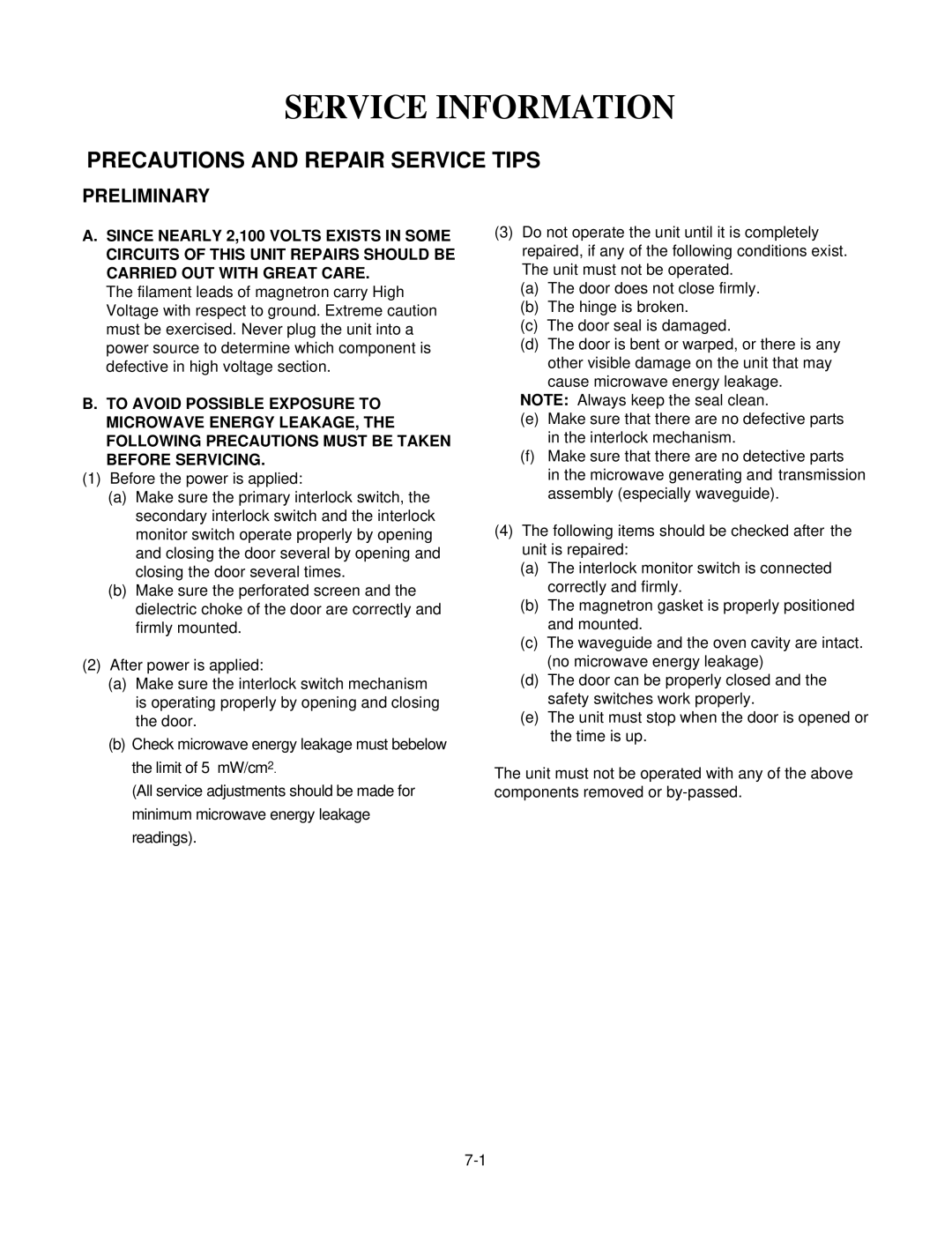 GE MV1526B, MV1526W service manual Service Information, Precautions and Repair Service Tips, Preliminary 