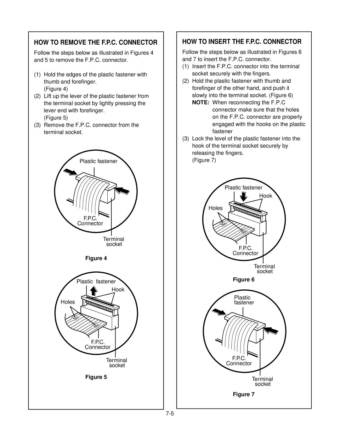 GE MV1526B, MV1526W service manual HOW to Remove the F.P.C. Connector, HOW to Insert the F.P.C. Connector 