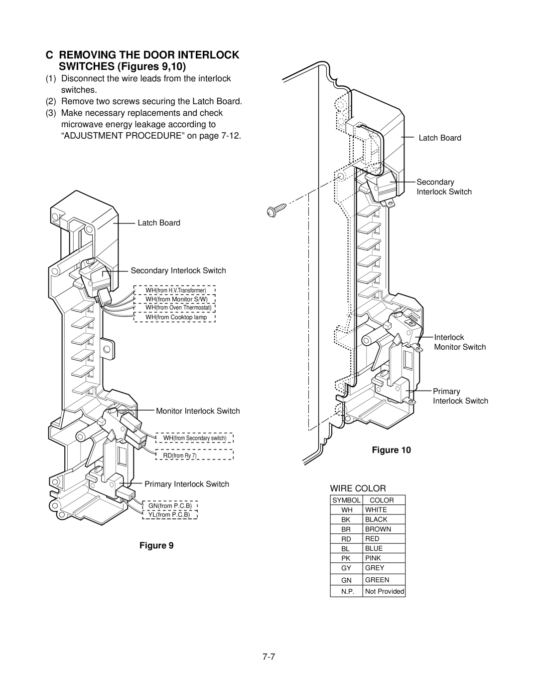 GE MV1526B, MV1526W service manual Removing the Door Interlock Switches Figures 9,10, Wire Color 