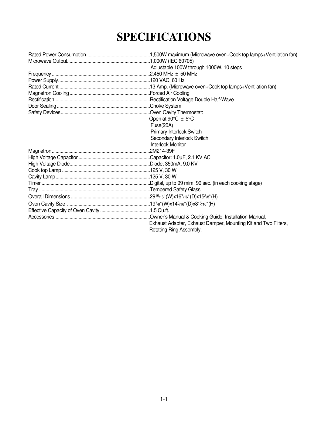 GE MV1526B, MV1526W service manual Specifications 