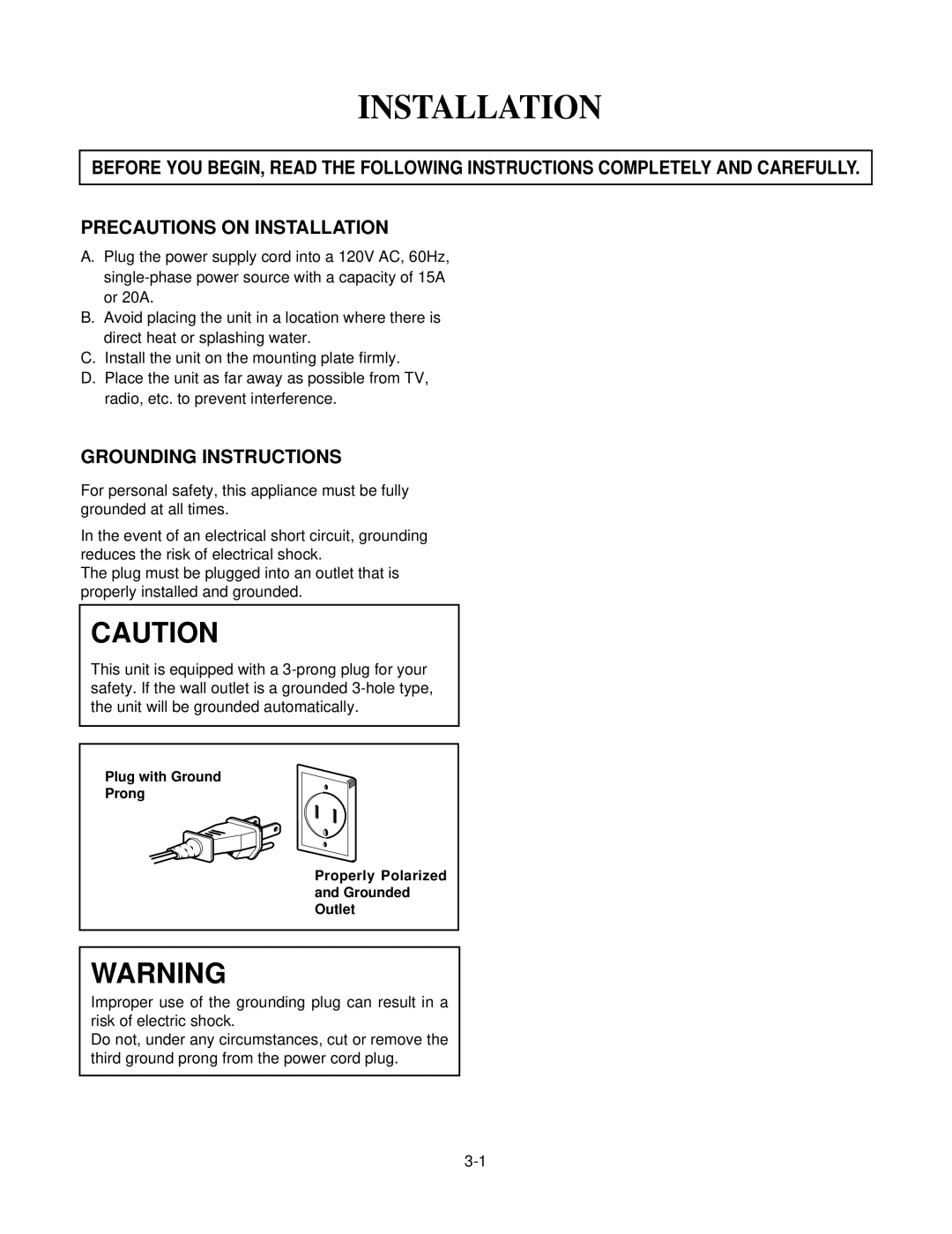 GE MV1526B, MV1526W service manual Installation, Grounding Instructions 