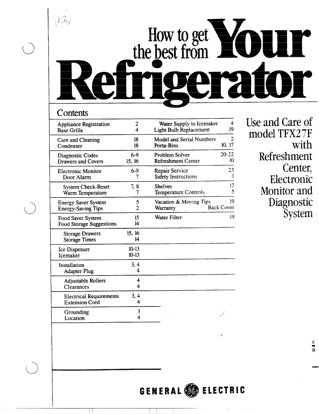 GE Numbers 2 warranty Light Bulb Replacement, Model and Serial Numbers, Ports-Bins Refreshment Center, Safety Instructions 