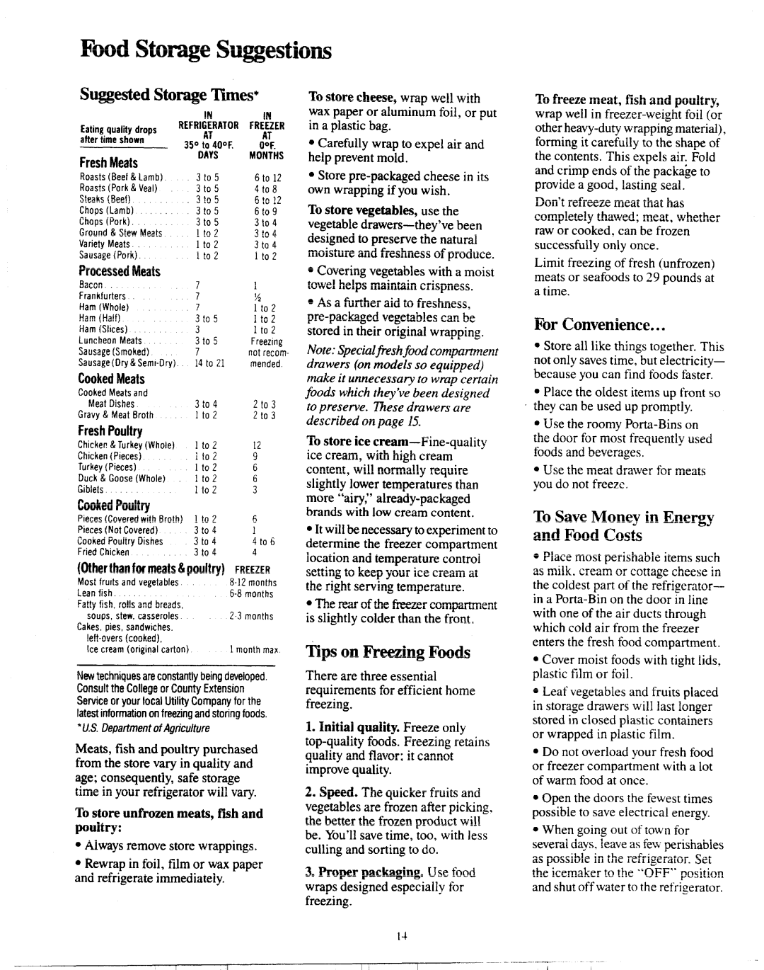 GE Numbers 2 warranty Fwd Storage Suggestions, Suggested Storage Times, Tips on Freezing Foods, For Convenience, Food Costs 