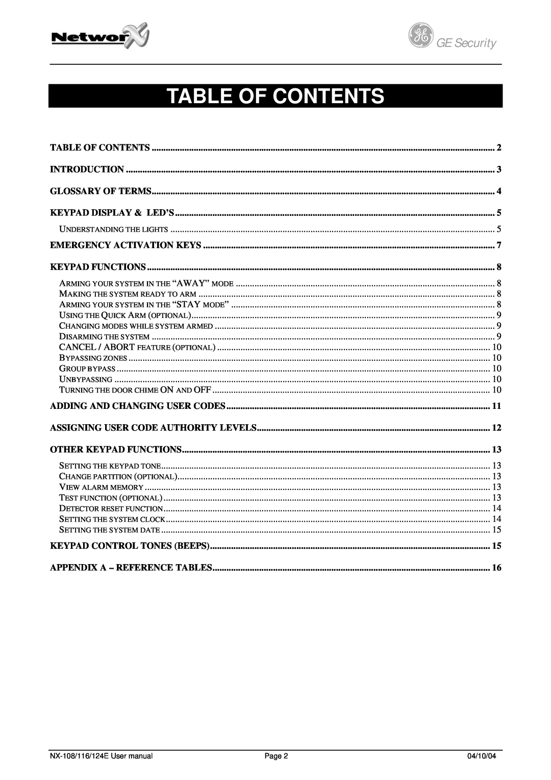 GE NX-108/116/124E user manual Table Of Contents, gGE Security 