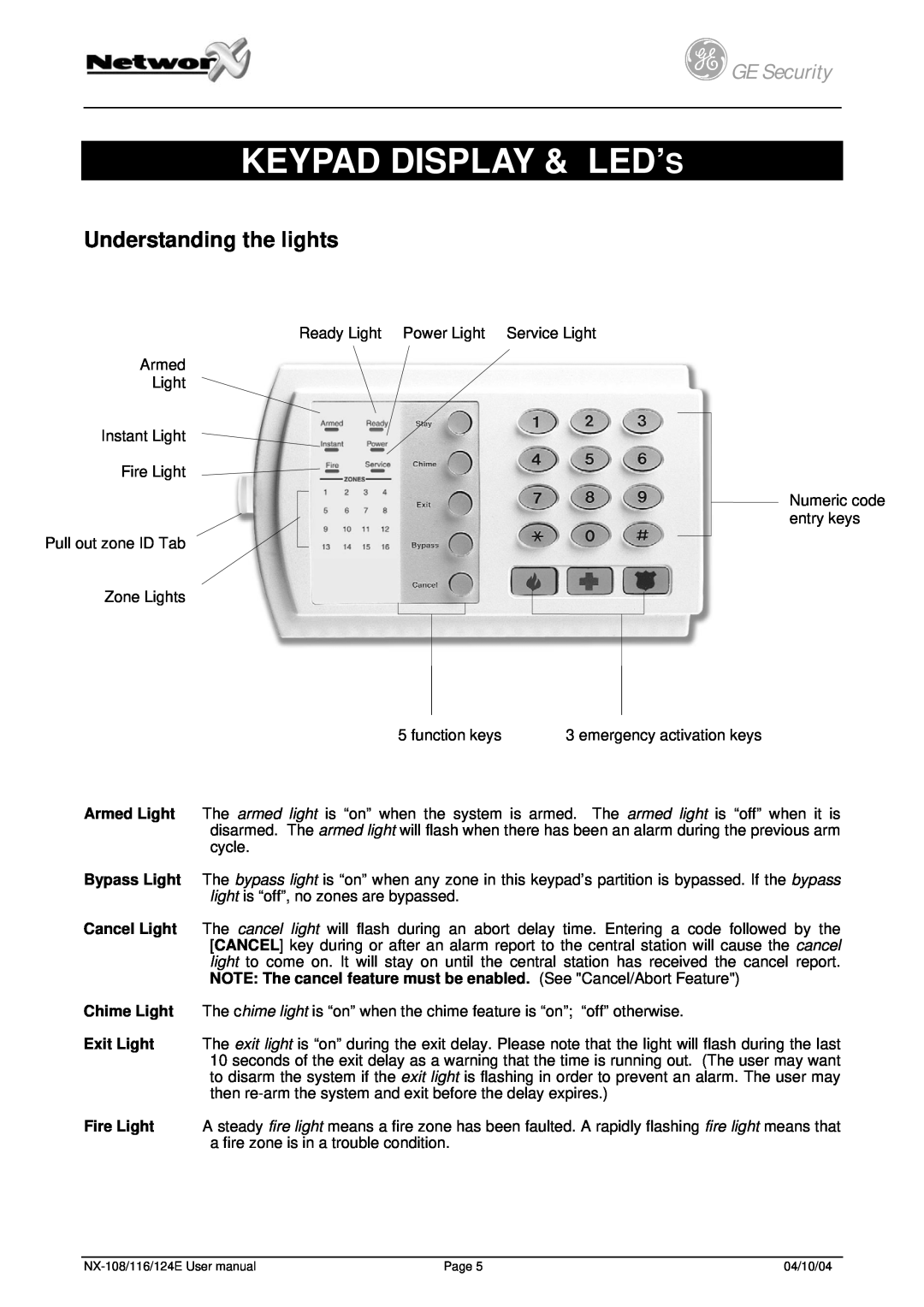 GE NX-108/116/124E user manual Keypad Display & Led’S, Understanding the lights, gGE Security 