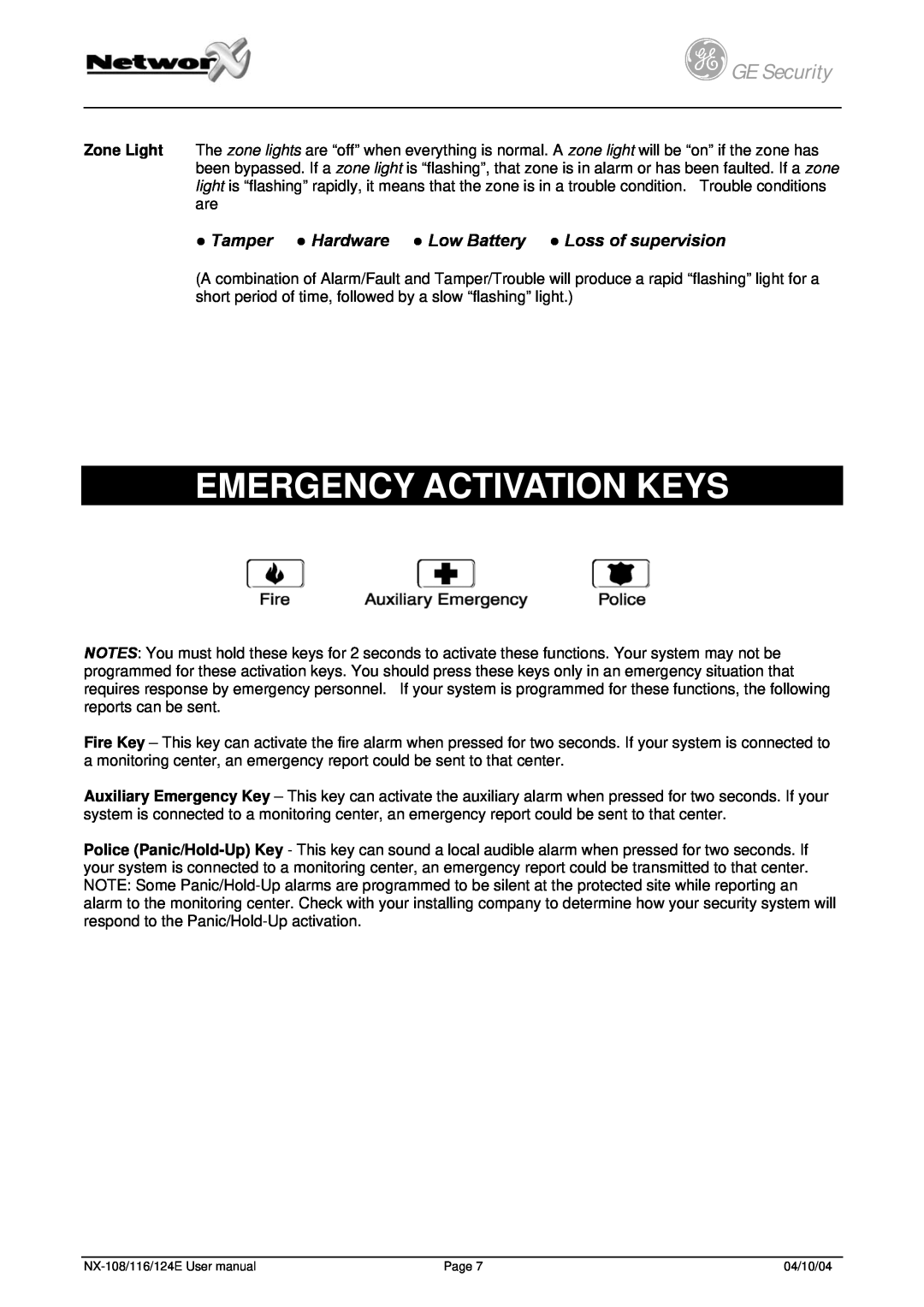 GE NX-108/116/124E user manual Emergency Activation Keys, gGE Security 