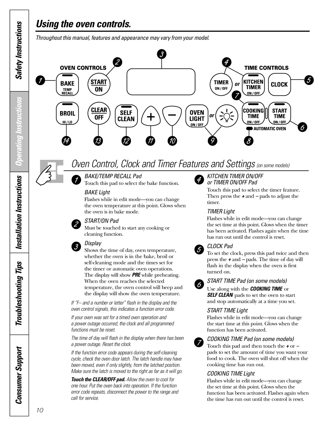 GE Oven warranty Using the oven controls, Consumer Support Troubleshooting Tips, Installation Instructions 