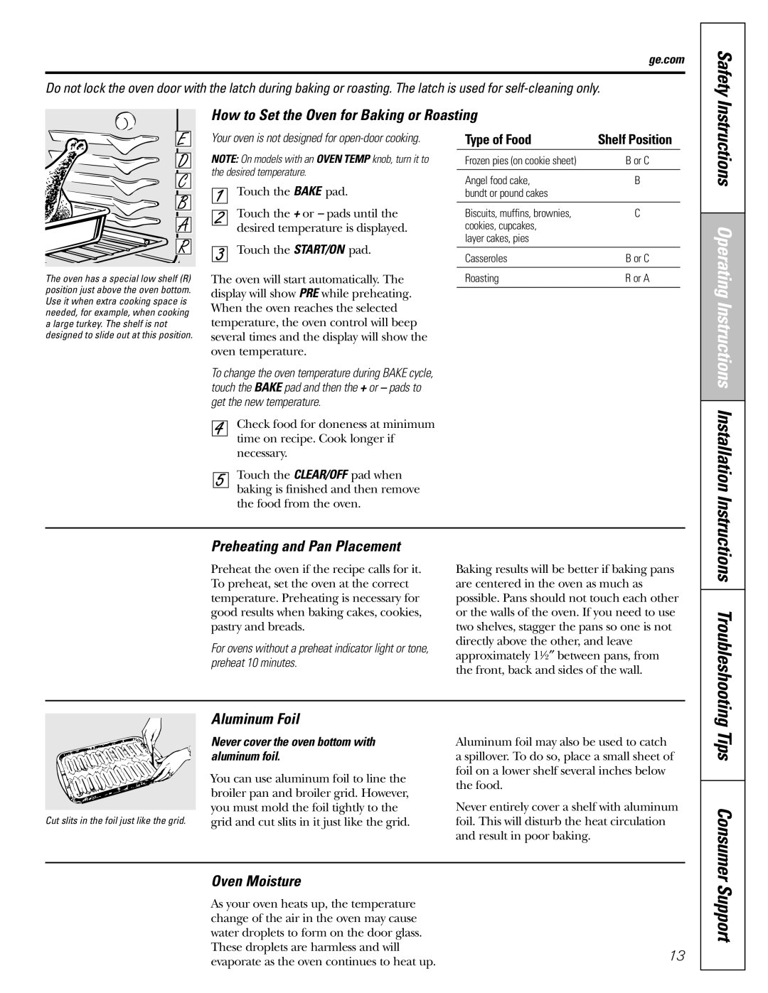 GE warranty Tips Consumer, How to Set the Oven for Baking or Roasting, Preheating and Pan Placement, Aluminum Foil 