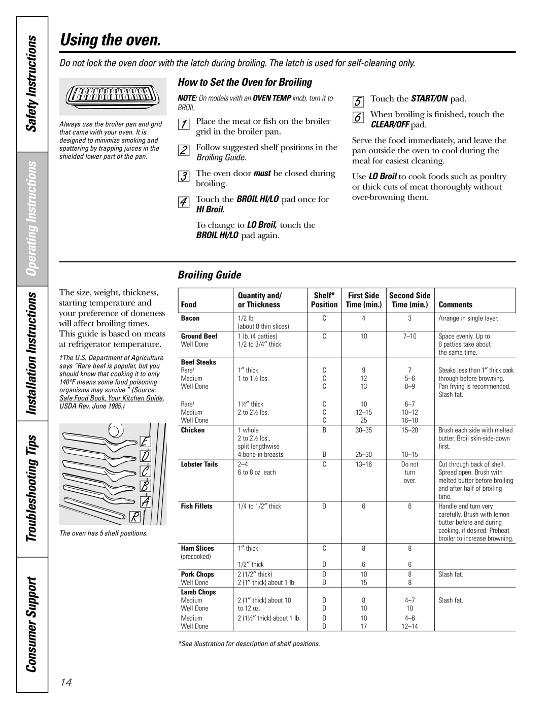 GE warranty How to Set the Oven for Broiling, Broiling Guide, HI Broil, Broil HI/LO pad again 