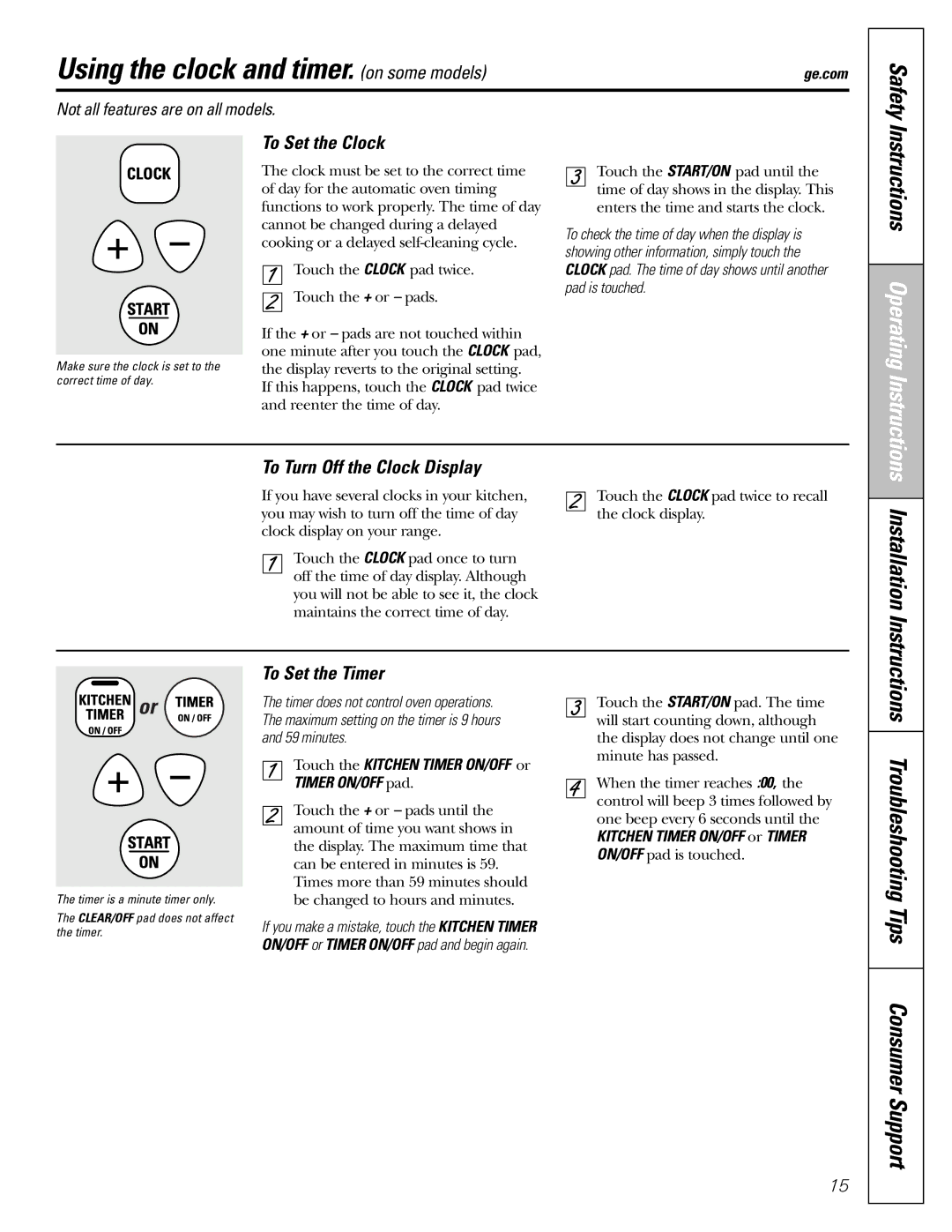 GE Oven Using the clock and timer. on some models, Installation, Instructions Troubleshooting Tips Consumer Support 