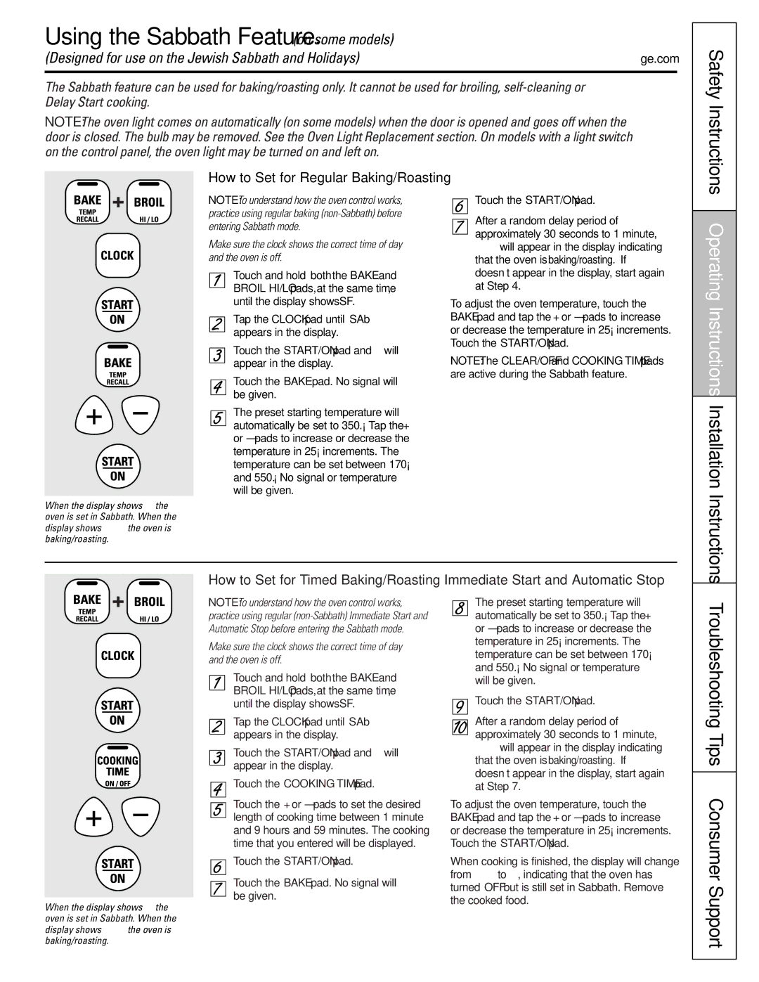 GE Oven Using the Sabbath Feature. on some models, Operating Instructions Installation Instructions, Safety Instructions 