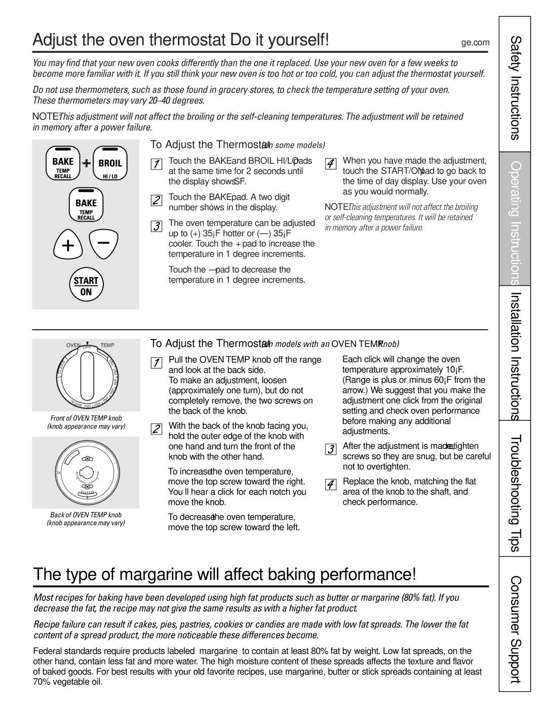 GE Oven warranty Adjust the oven thermostat-Do it yourself, Type of margarine will affect baking performance 