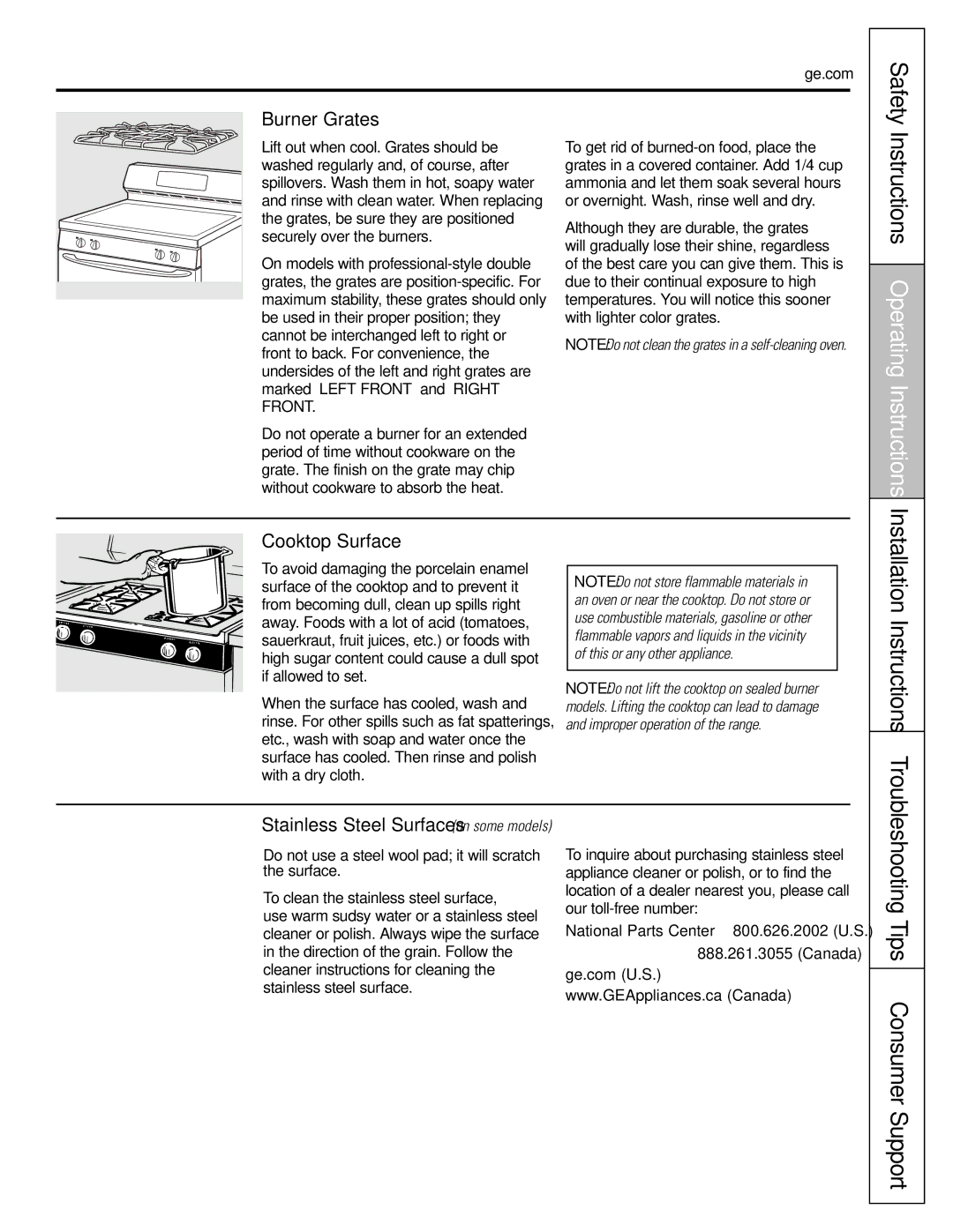 GE Oven warranty Installation Instructions, Burner Grates, Cooktop Surface, Troubleshooting Tips Consumer Support 