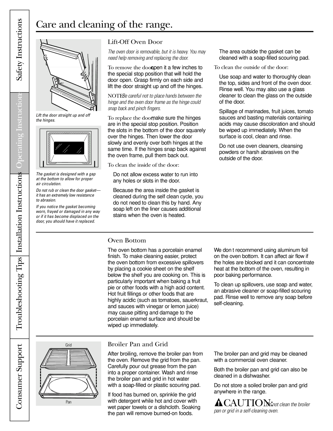 GE warranty Troubleshooting Tips, Lift-Off Oven Door, Oven Bottom, Broiler Pan and Grid 