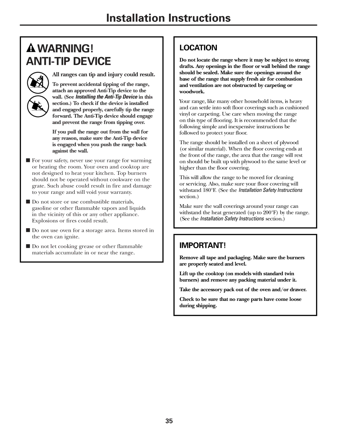 GE Oven warranty ANTI-TIP Device, Location 