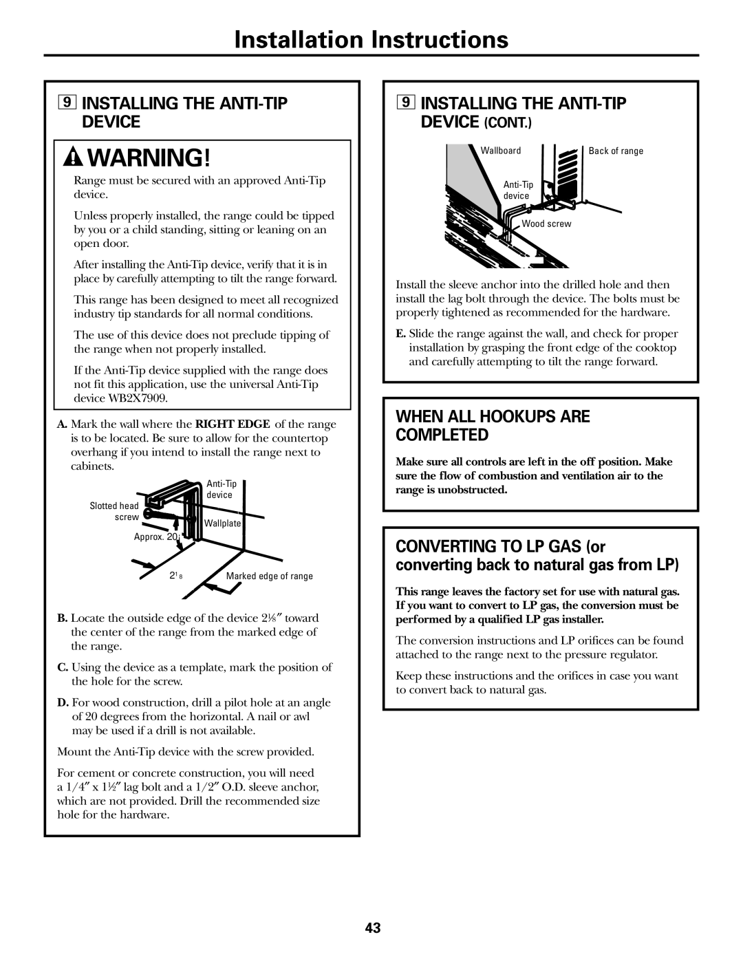 GE Oven warranty Installing the ANTI-TIP Device, When ALL Hookups are Completed 