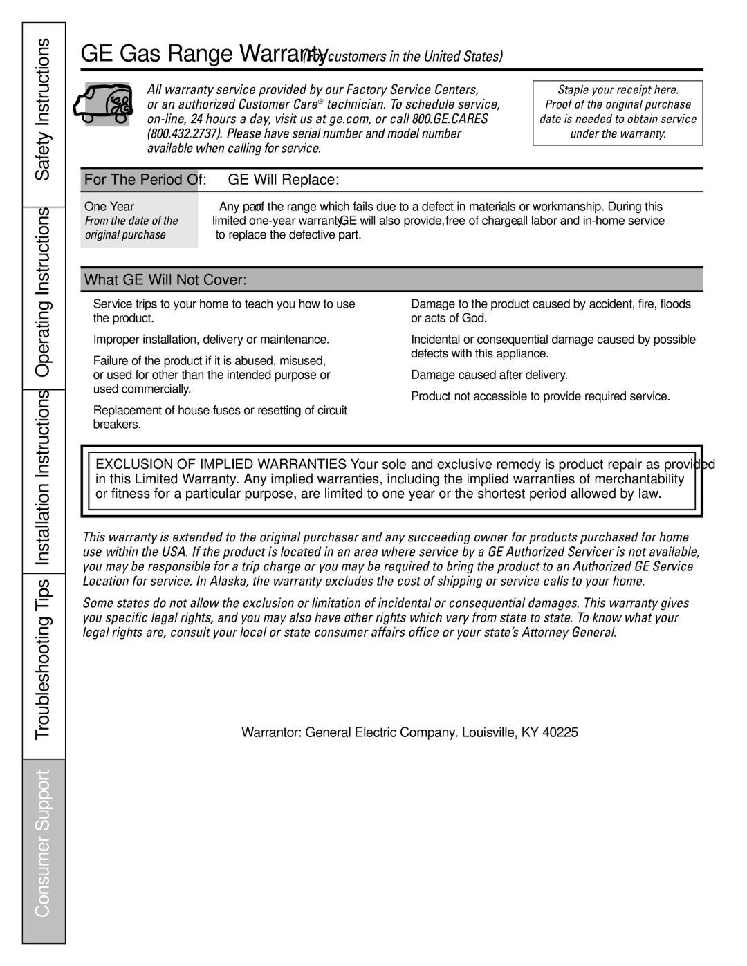 GE Oven Instructions Safety Instructions, Consumer Support Troubleshooting Tips Installation, Instructions Operating 