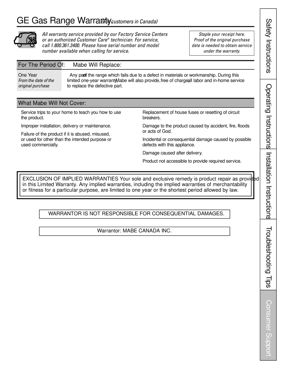 GE Oven warranty Instructions Troubleshooting Tips Consumer Support, Instructions Installation, Mabe Will Replace 