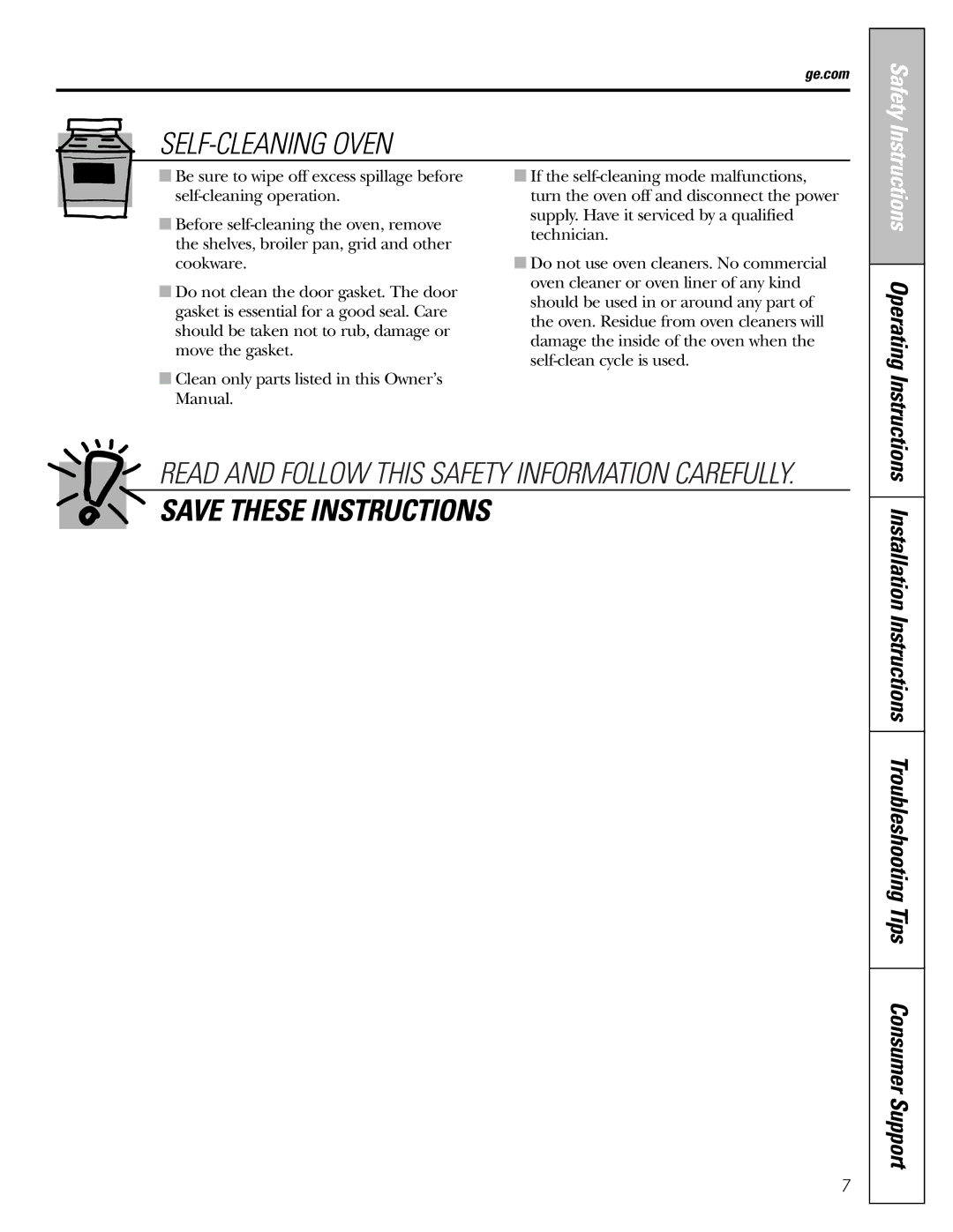 GE warranty SELF-CLEANING Oven, Instructions Operating Instructions 