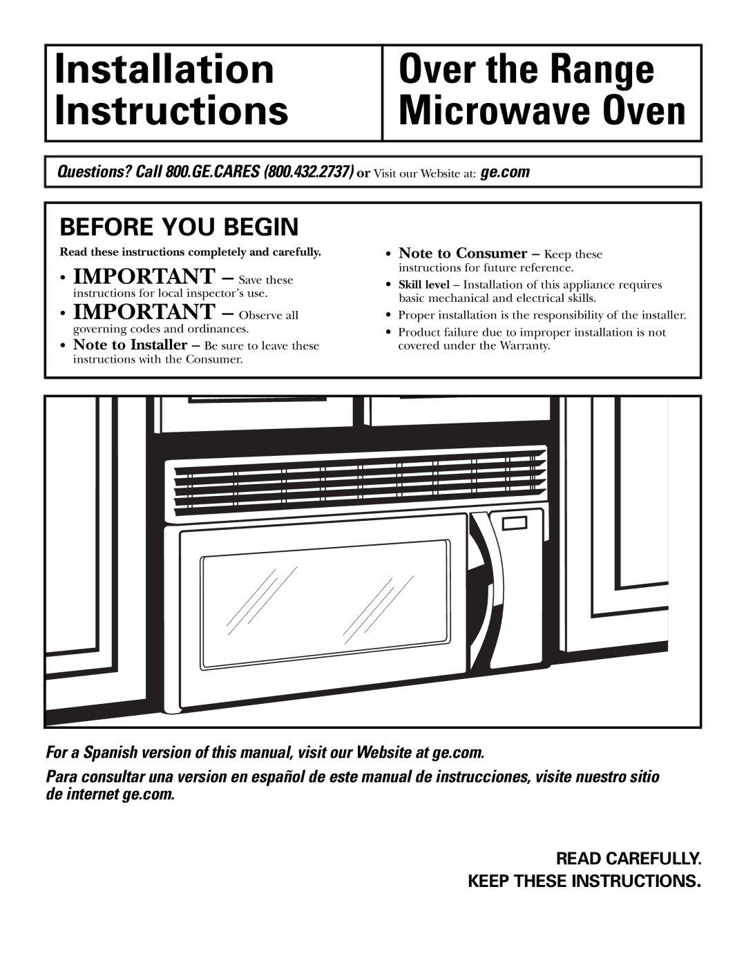 GE Over the Range Instructions Microwave Oven manual Before YOU Begin, Read Carefully Keep These Instructions 