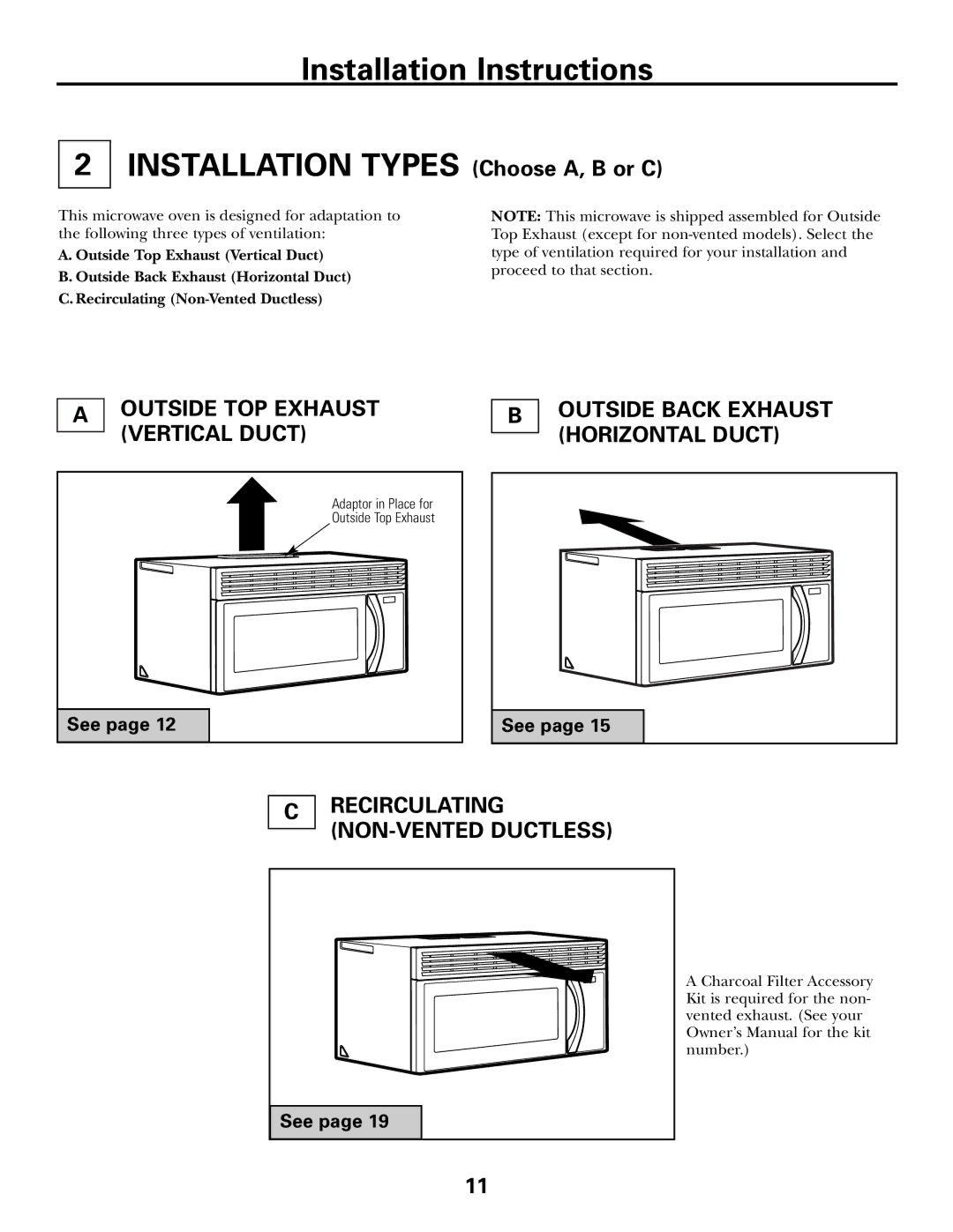 GE Over the Range Instructions Microwave Oven manual Recirculating NON-VENTED Ductless, See 