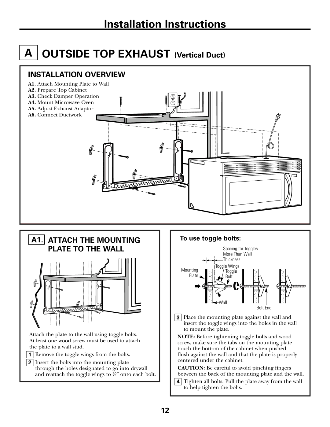 GE Over the Range Instructions Microwave Oven manual Installation Overview, A1. Attach the Mounting Plate to the Wall 