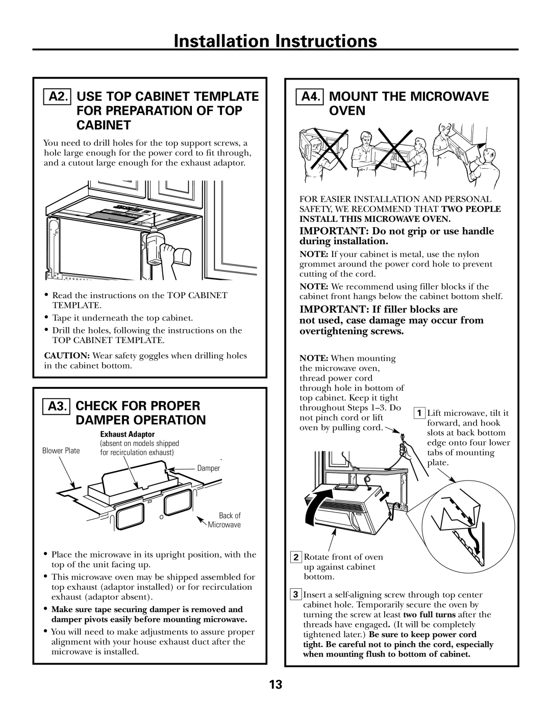 GE Over the Range Instructions Microwave Oven manual A4. Mount the Microwave Oven, A3. Check for Proper Damper Operation 